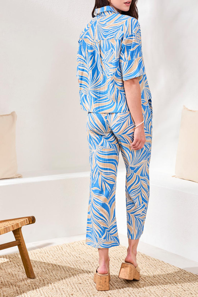 Tribal Printed Loop Stitch Button-Front Camp Shirt - Royal