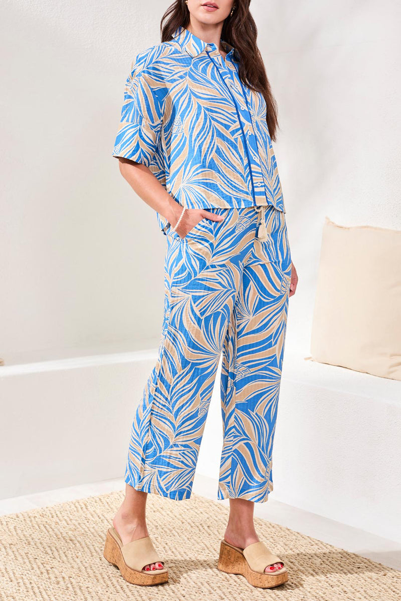 Tribal Printed Loop Stitch Button-Front Camp Shirt - Royal