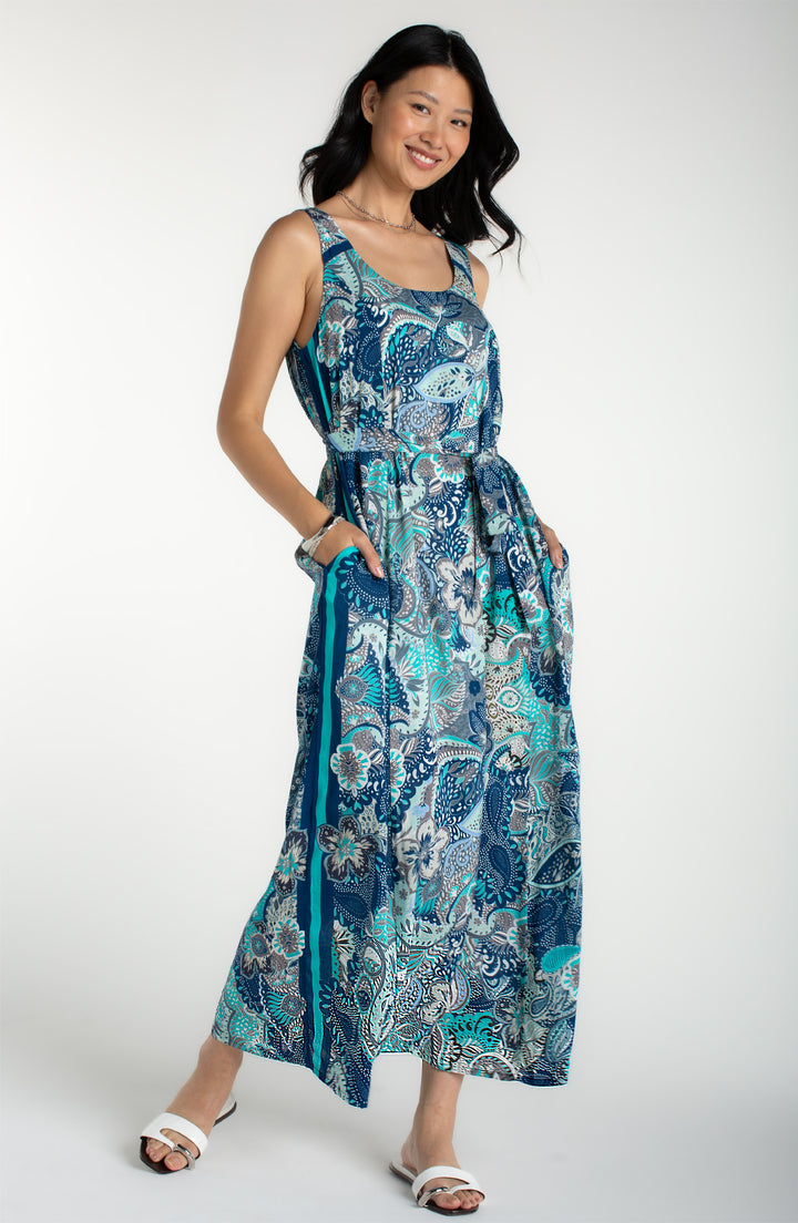 Liverpool Sleeveless Woven Maxi Dress Paisley Print - Aqua Blue Multi