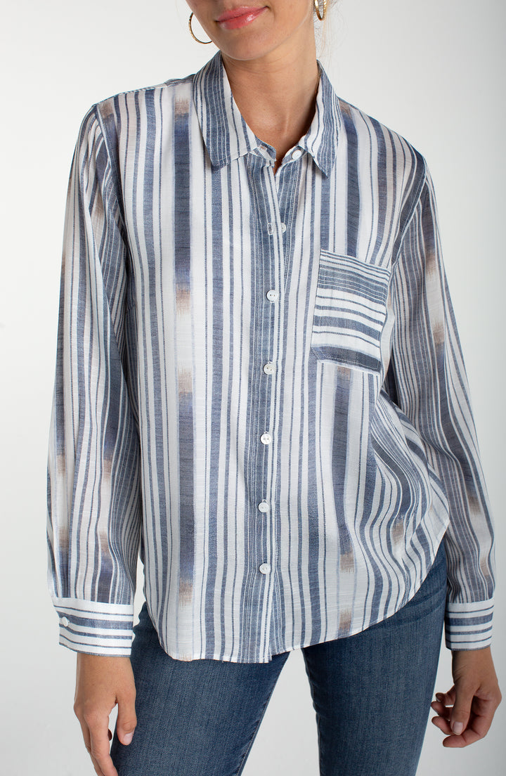 Liverpool Long Sleeve Button Front Woven Shirt w/ Back Seaming - Chambray