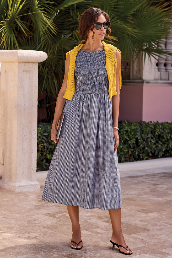 Tribal Gingham Smocked-Bodice Maxi Dress Black