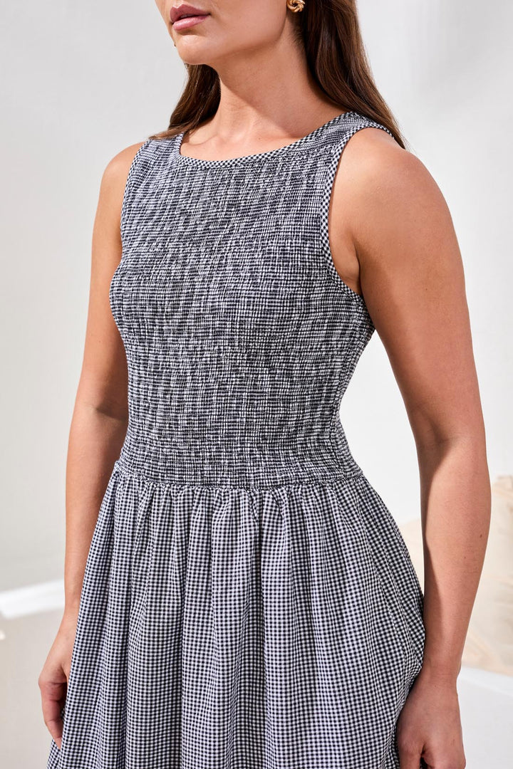 Tribal Gingham Smocked-Bodice Maxi Dress Black