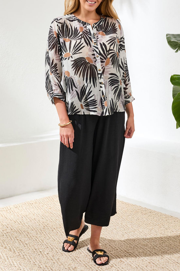 Tribal Flowy Dolman Sleeve Blouse With Self-Covering Buttons White/Black