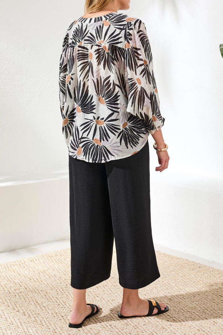 Tribal Flowy Dolman Sleeve Blouse With Self-Covering Buttons White/Black