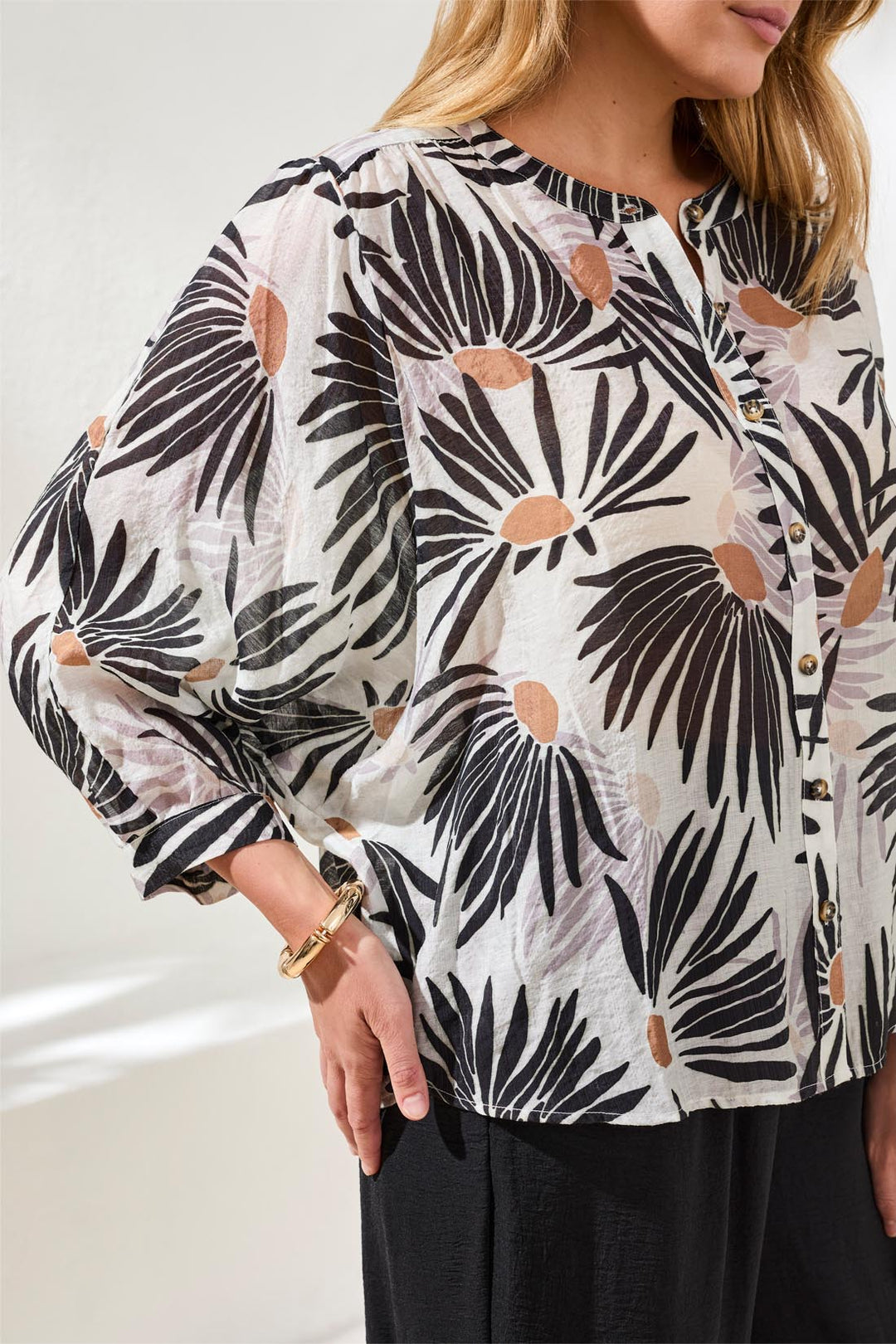 Tribal Flowy Dolman Sleeve Blouse With Self-Covering Buttons White/Black