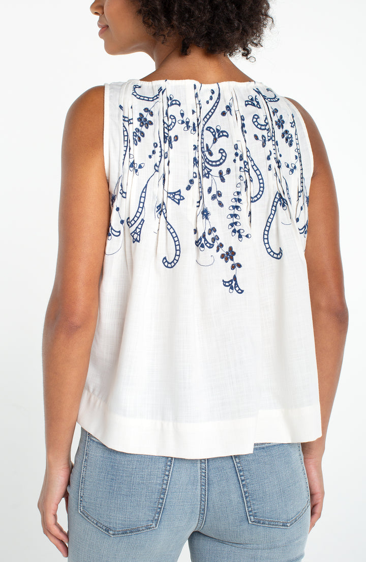 Liverpool Sleeveless Boat Neck Woven Top with Pintucks Cream