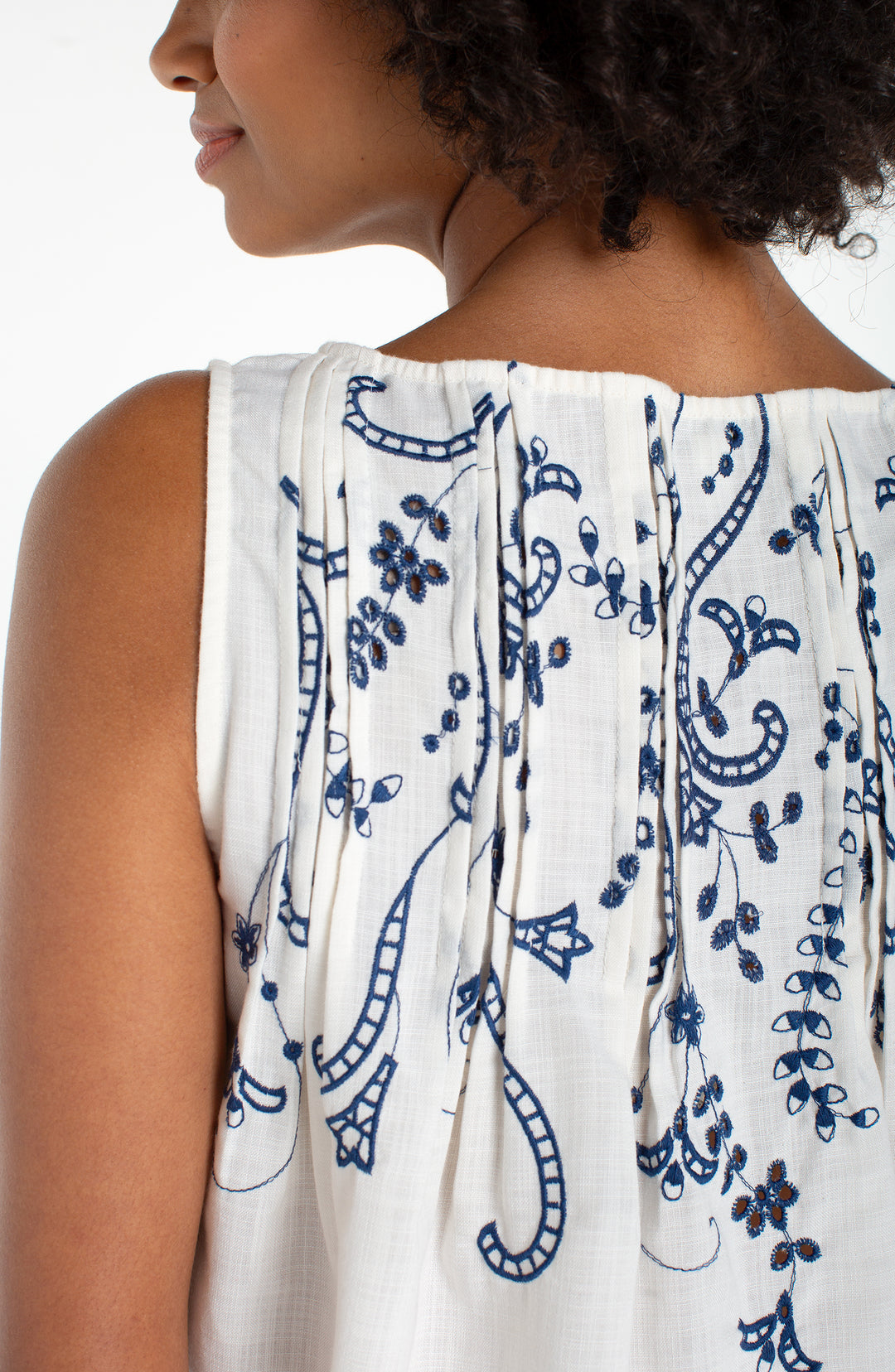 Liverpool Sleeveless Boat Neck Woven Top with Pintucks Cream