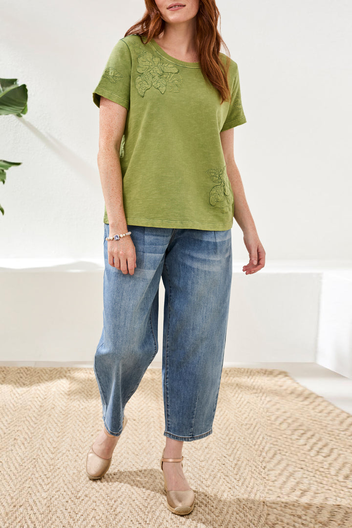 Tribal Crew Neck Short Sleeve Tee With Embroidered Patchwork Kiwi Zest