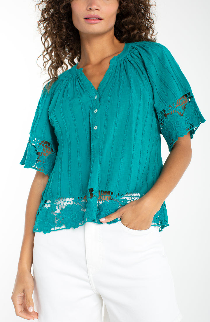 Liverpool Short Sleeve Woven Top With Lace Teal Tide