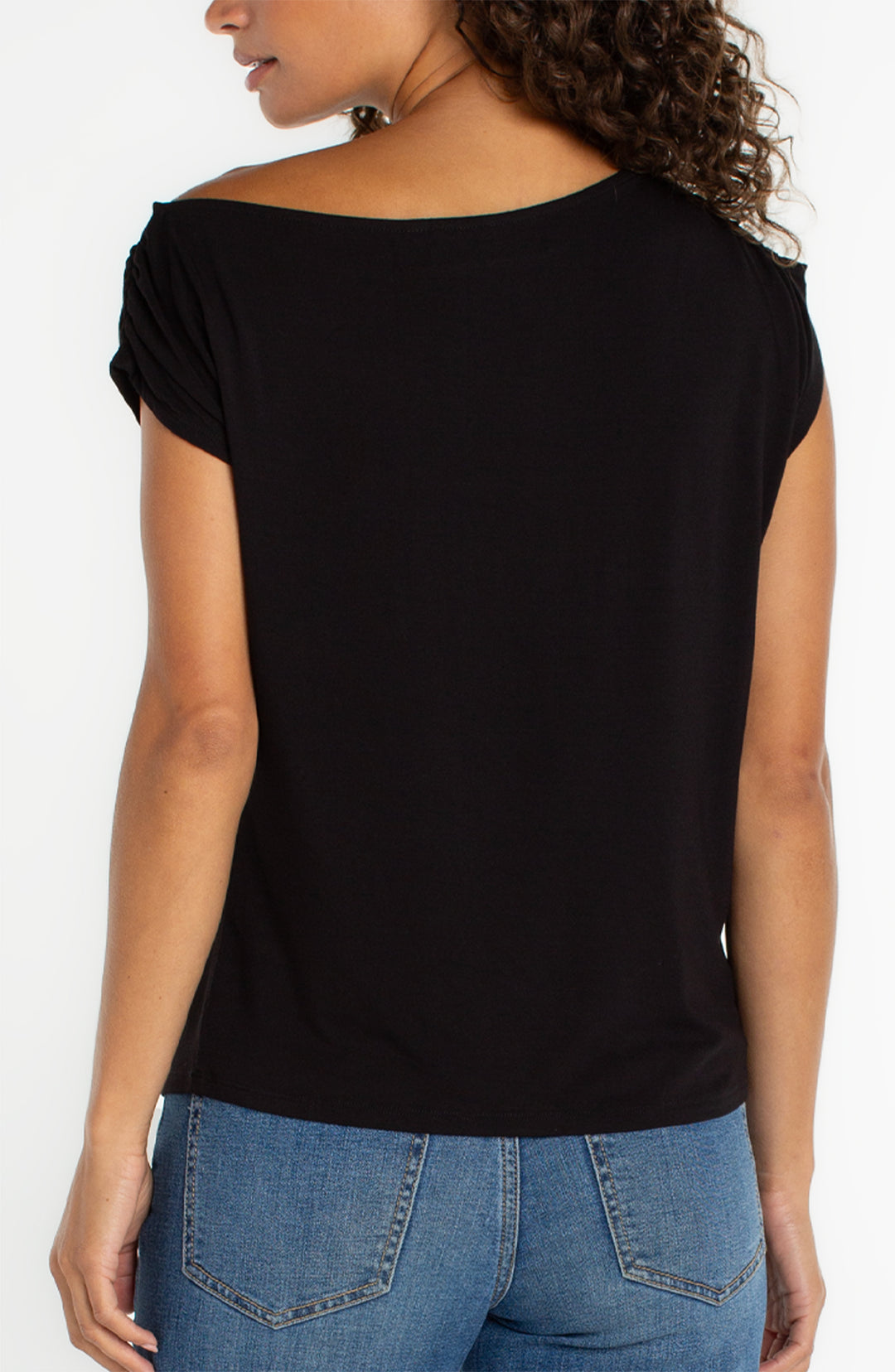 Liverpool Short Sleeve Asymmetrical Off Shoulder Knit Top Black