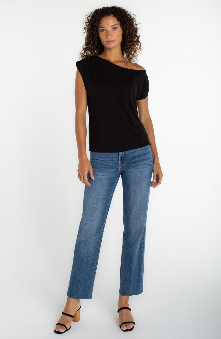 Liverpool Short Sleeve Asymmetrical Off Shoulder Knit Top Black