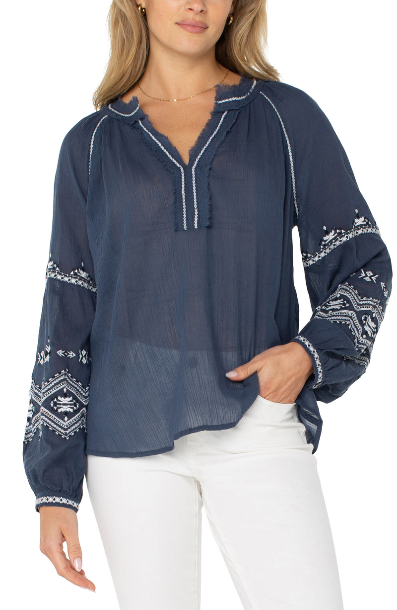 Liverpool Long Sleeve Raglan Woven Blouse with Embroidery - Blue