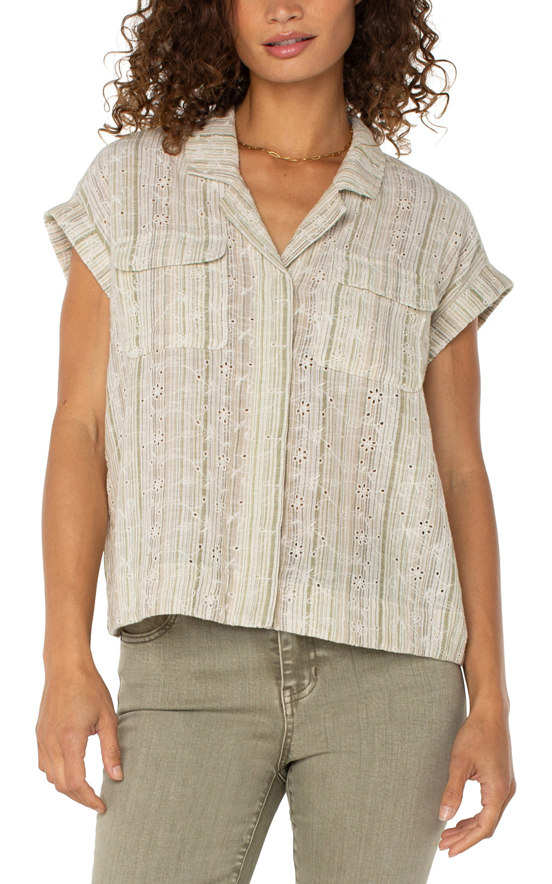 Liverpool Sleeveless Dolman Camp Shirt w/ Hidden Placket - Green/Tan Stripe