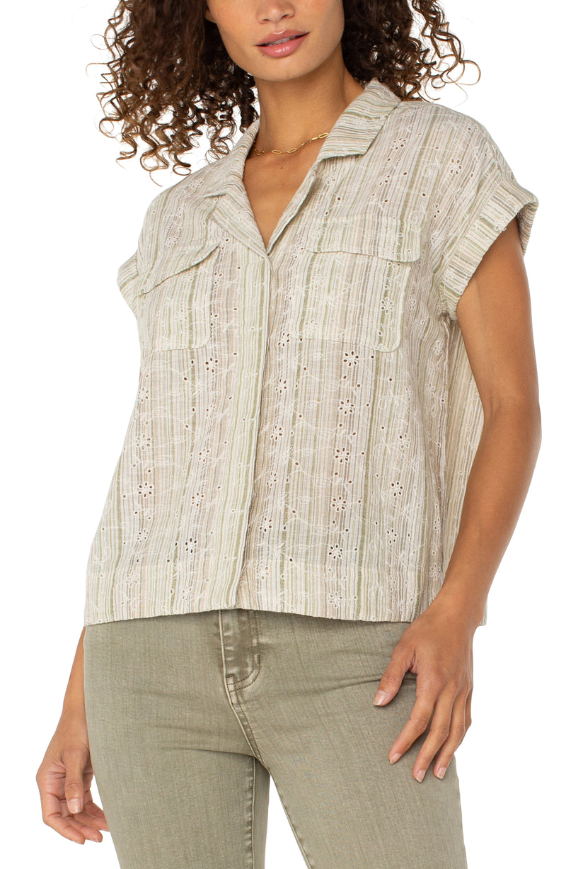 Liverpool Sleeveless Dolman Camp Shirt w/ Hidden Placket - Green/Tan Stripe