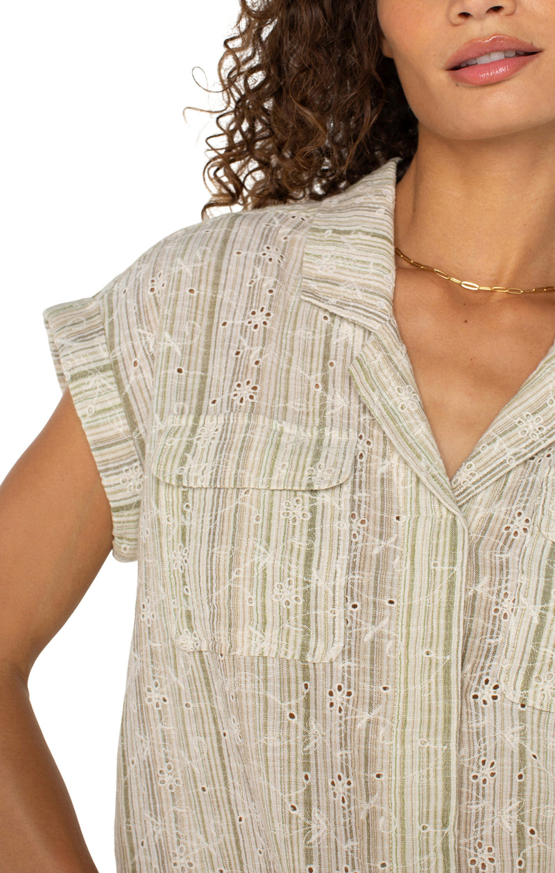 Liverpool Sleeveless Dolman Camp Shirt w/ Hidden Placket - Green/Tan Stripe