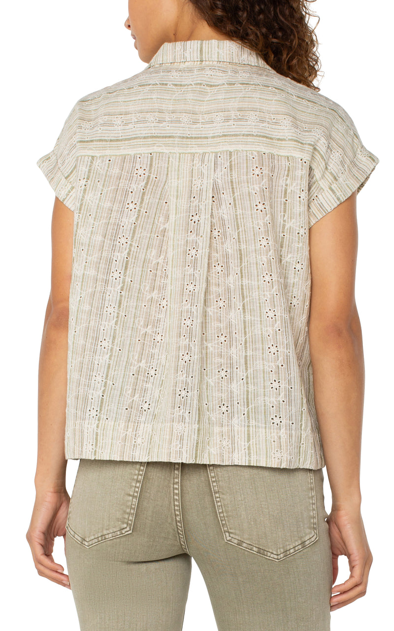 Liverpool Sleeveless Dolman Camp Shirt w/ Hidden Placket - Green/Tan Stripe
