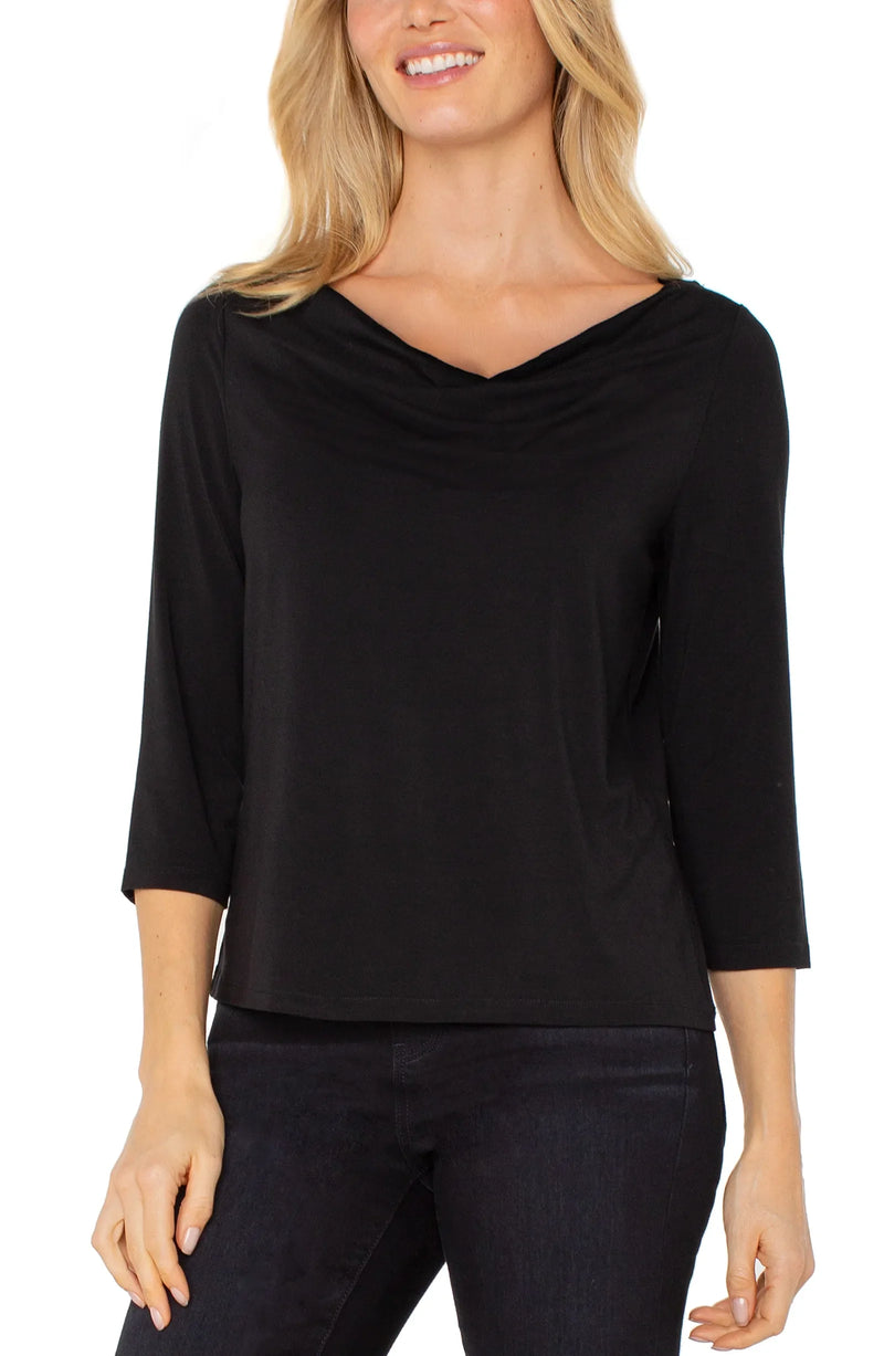 Liverpool 3/4 Sleeve Draped Neck Knit Top - Black