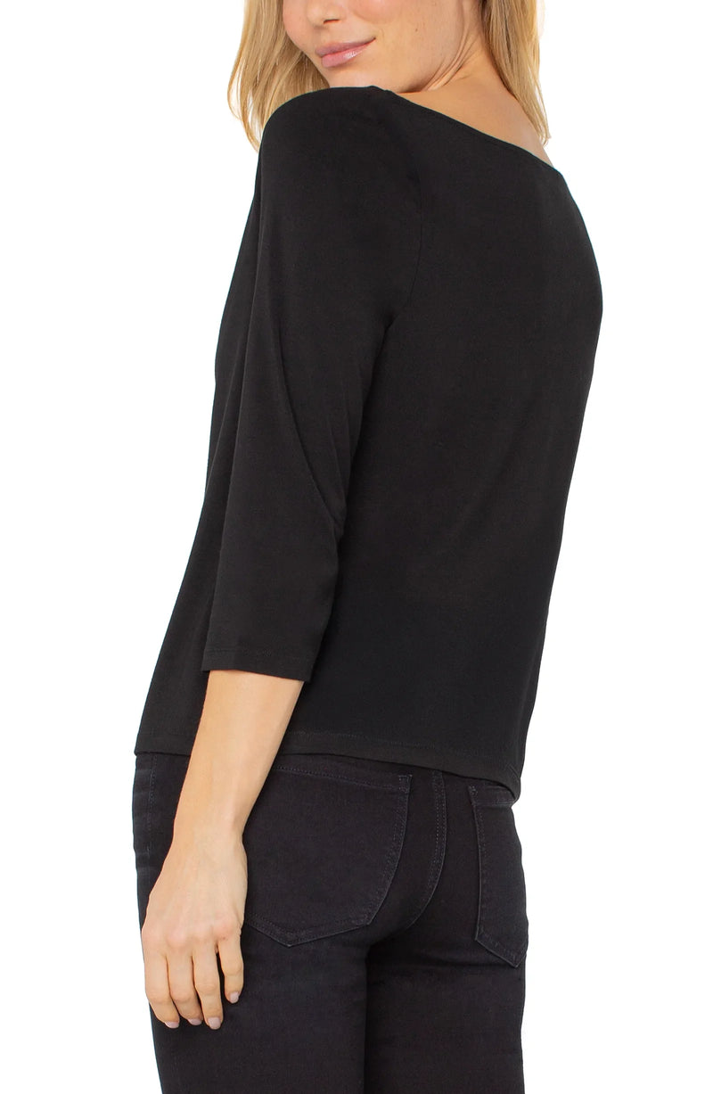 Liverpool 3/4 Sleeve Draped Neck Knit Top - Black