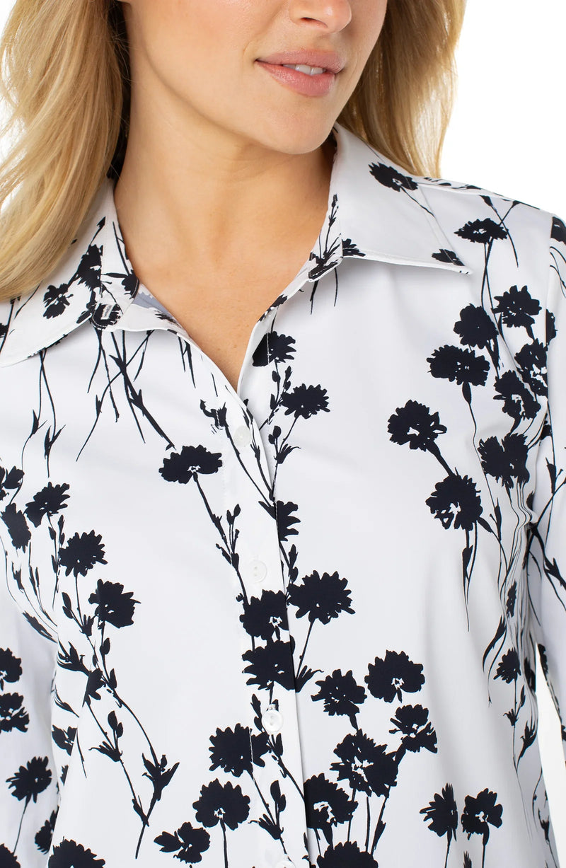 Liverpool Long Sleeve Button Front Shirt - White Black Blooms