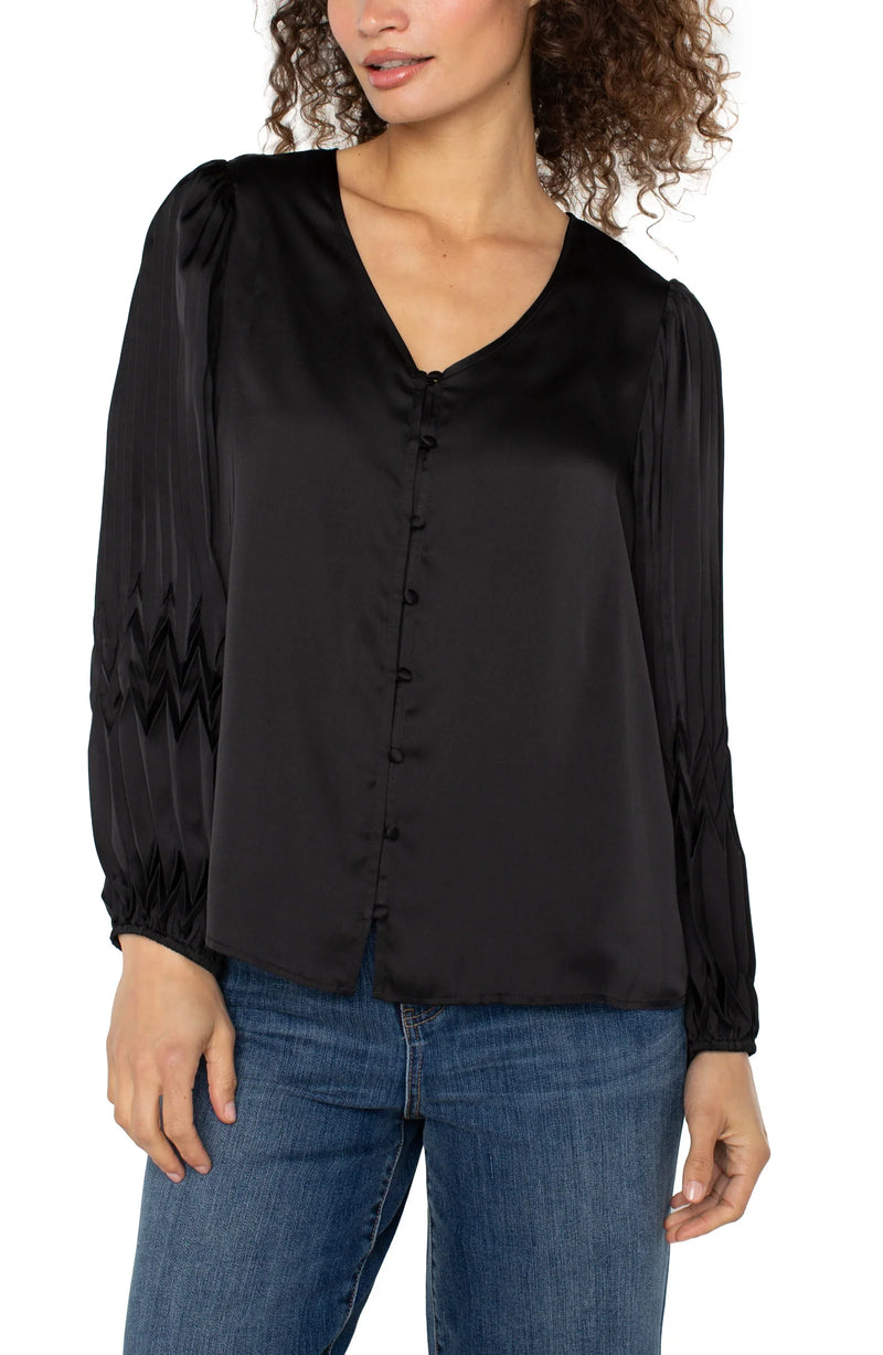 Liverpool Long Sleeve V-Neck Pleated Detail Woven Top - Black