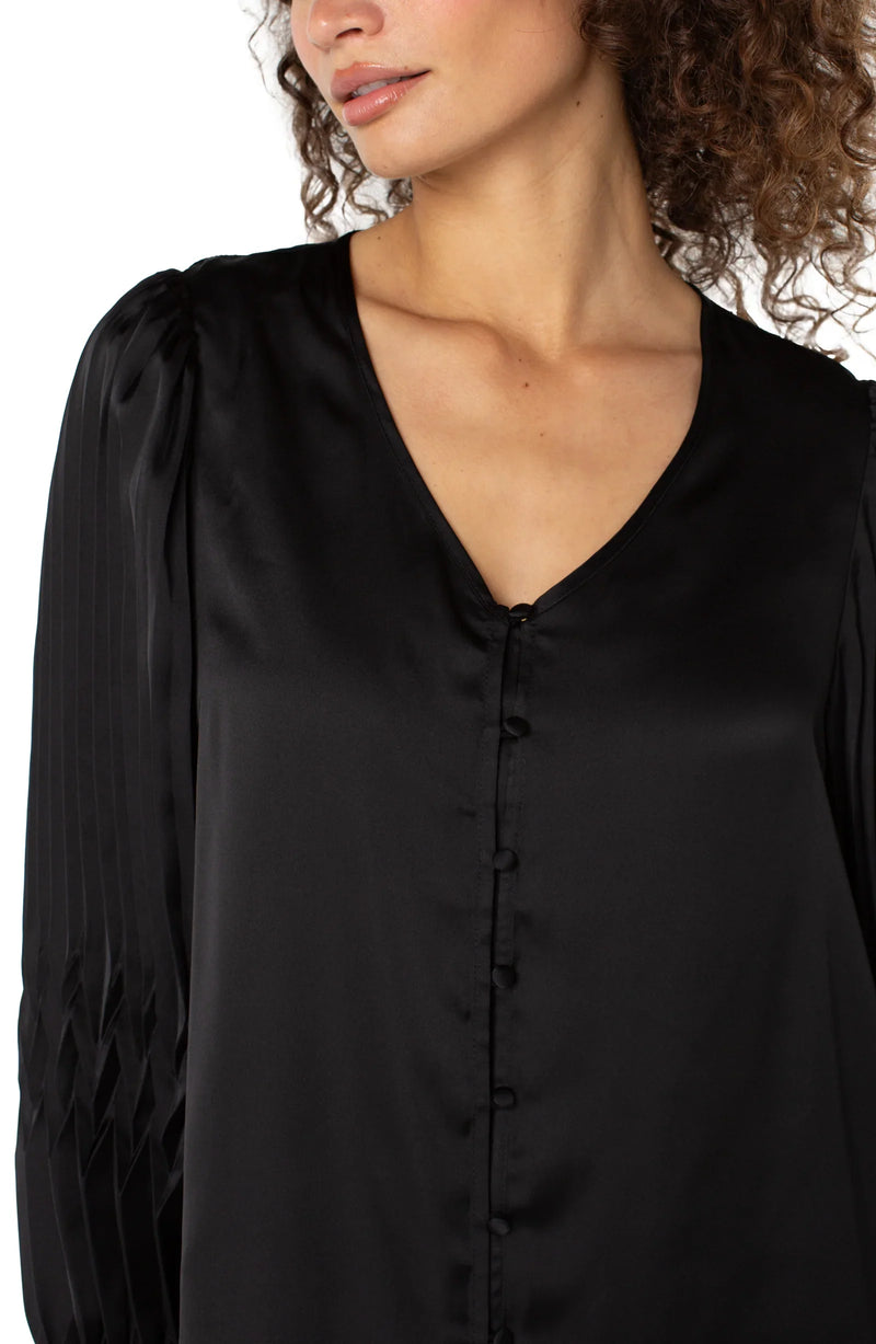 Liverpool Long Sleeve V-Neck Pleated Detail Woven Top - Black
