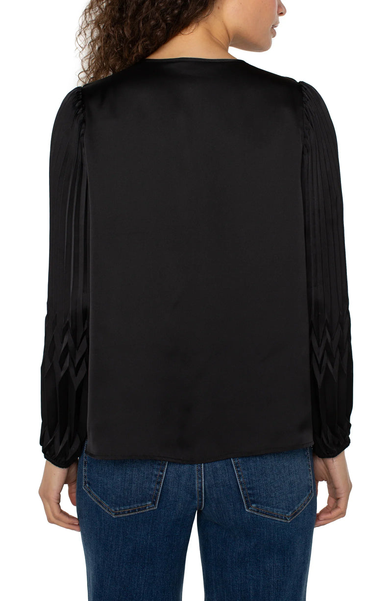 Liverpool Long Sleeve V-Neck Pleated Detail Woven Top - Black
