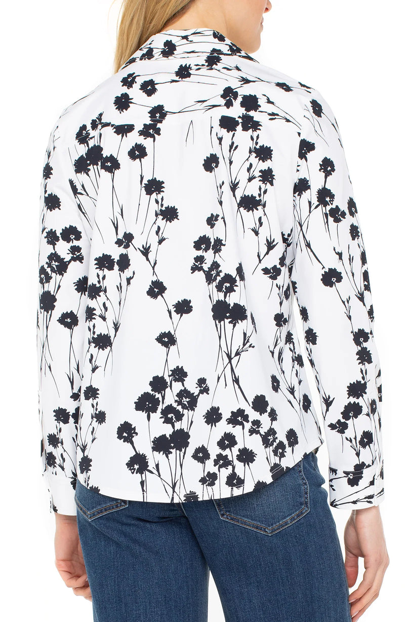 Liverpool Long Sleeve Button Front Shirt - White Black Blooms