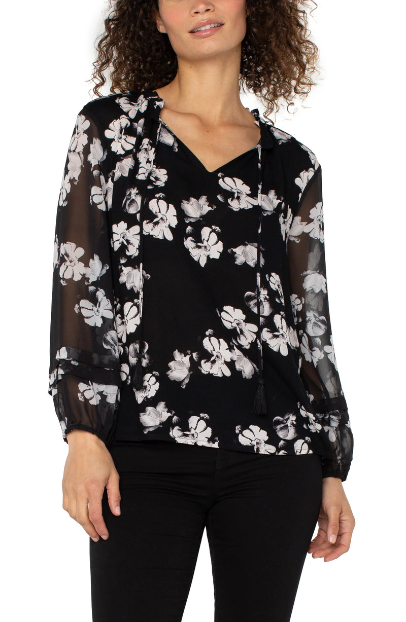 Liverpool Long Sleeve Popover Shirred Woven Blouse - Black White Floral