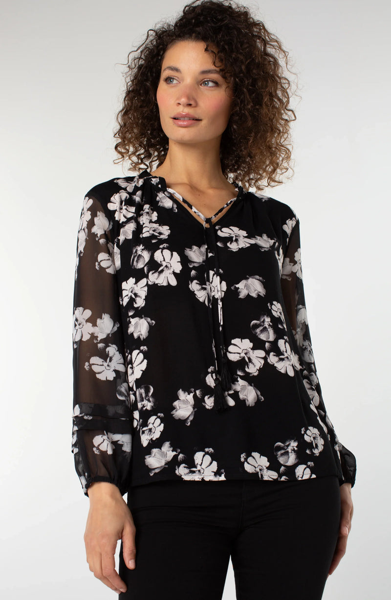 Liverpool Long Sleeve Popover Shirred Woven Blouse - Black White Floral