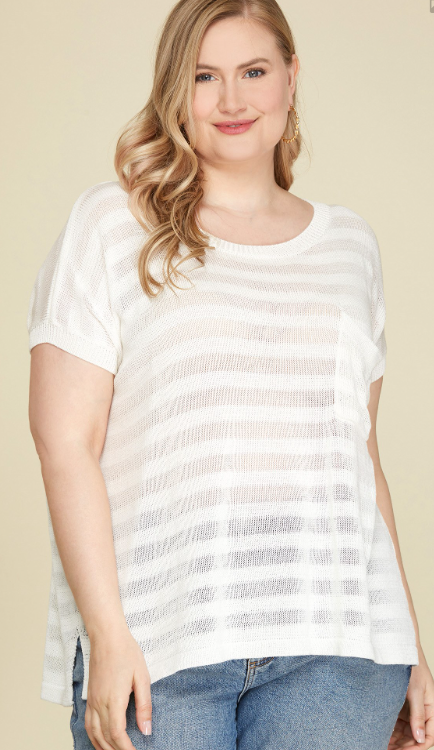 Drop Shoulder Sheer Sweater Top - White - Sizes Small-2XL Curvy