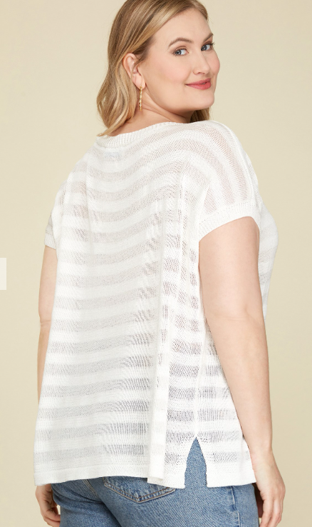 Drop Shoulder Sheer Sweater Top - White - Sizes Small-2XL Curvy