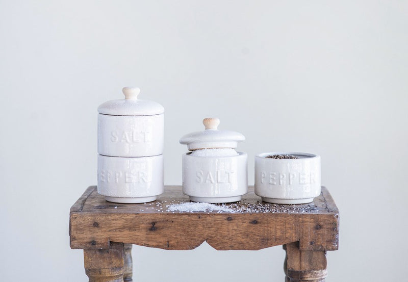 FINAL SALE 3" Round x 5"H Stoneware Stackable Salt & Pepper Pots w/ Lid, White, Set of 2