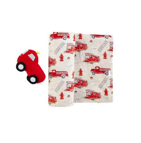 FINAL SALE Mud Pie Fire Truck Swaddle Blanket And Rattle