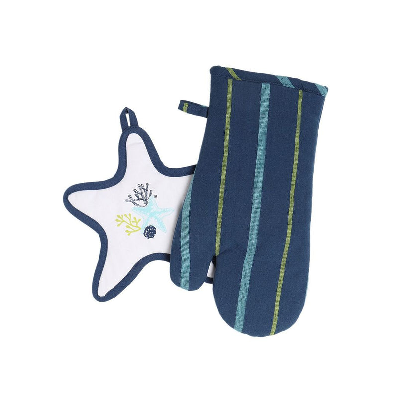 FINAL SALE Coastal Cotton Pot Holder And Oven Mitt Set
