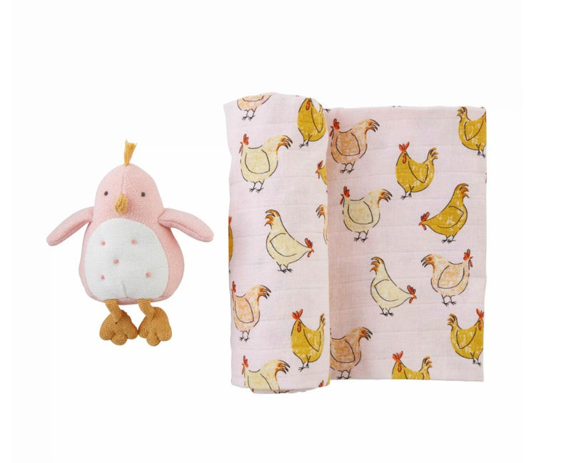 FINAL SALE Mud Pie Chicken Swaddle Blanket And Rattle